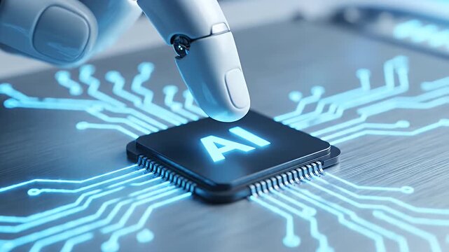 Artificial intelligence chip being touched by a robotic finger on a blue motherboard