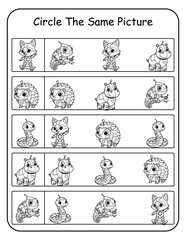 Naklejka premium STEM-inspired printable matching worksheets featuring robot animals for preschool and kindergarten. Children circle the identical picture in each row, developing visual discrimination and analytical t