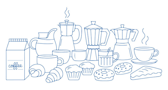 Line drawing of coffee and baked goods on table with coffee maker and milk carton