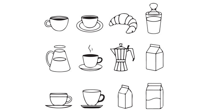 Line drawing of coffee and pastry items including cups saucers croissant milk carton jug coffee maker