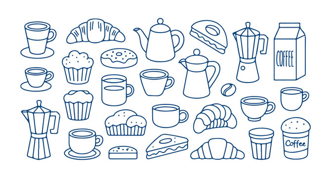 Line drawn coffee and baked goods icons including cups mugs teapots coffee makers and pastry items
