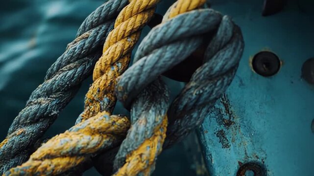 Group of thick, weathered nautical ropes tightly intertwined with distressed yellow paint, showing texture and strength against a defocussed background of dark water and rusted metal details