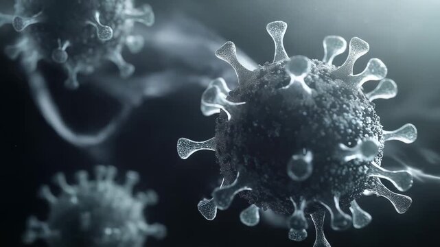 Microscopic view of multiple virus particles floating in a dark environment, featuring a prominent viral cell with spike proteins, representing infectious pathogens spreading disease