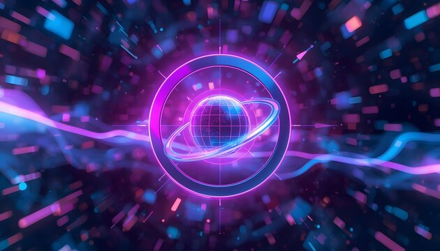 Luminous futuristic circular emblem with glowing core and dynamic energy orbits in neon blue and purple