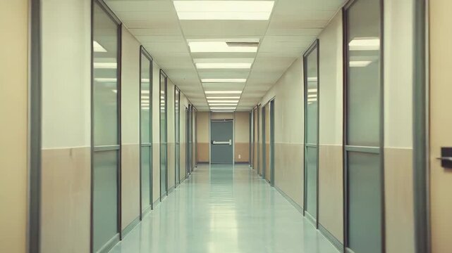 Empty symmetrical hospital corridor with closed doors on both sides, bright fluorescent lighting and reflective floor conveying sterile, quiet, minimalist medical interior and solitude