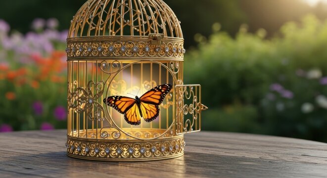 Monarch Butterfly Inside Ornate Golden Cage With Open Door Symbolizing Freedom And Hope In Garden Light