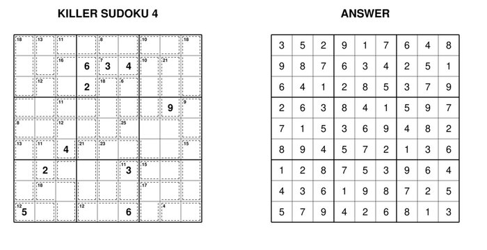 Killer sudoku puzzle grid with solution and instructions