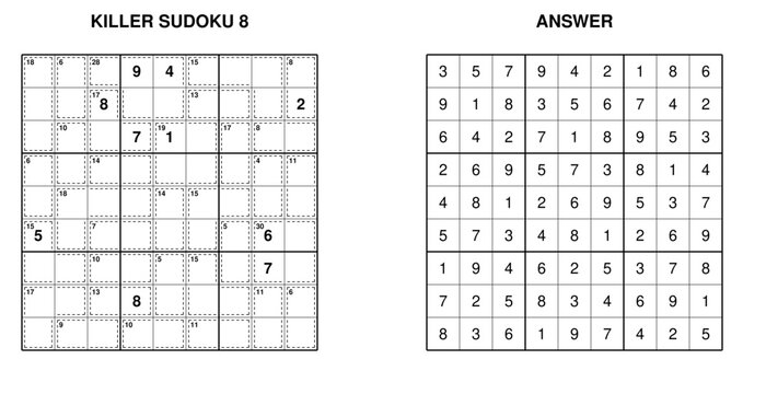 Killer sudoku puzzle grid with solutions and answer key