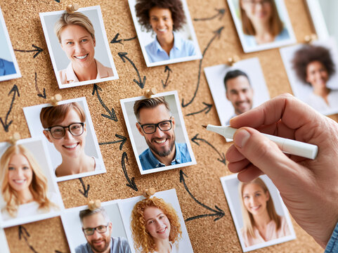 People connect through photographs on a corkboard showing faces and relationships in a workspace during the daytime