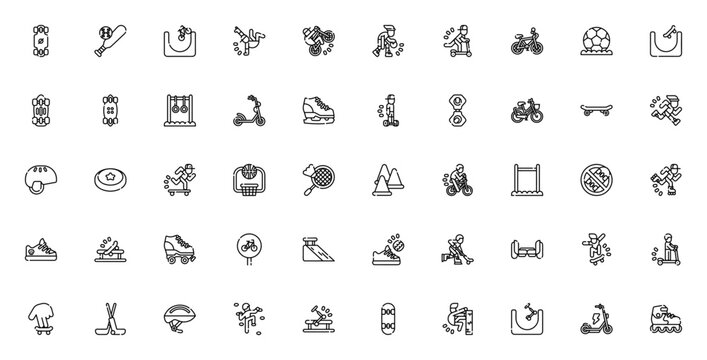 Urban sports icon pack. Minimal thin line vector icons set. Featuring longboard, basketball, skateboard, football, scooter, roller skate, hoverboard, and more. Editable stroke.