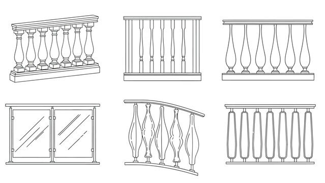 Variety of balustrades and railings styles, including modern glass, classic wood, and ornate metal designs for balconies and stairs.