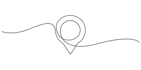 Obraz premium Map pin continuous line drawing for navigation technology and travel branding logo. Minimalist vector illustration of a map pin location pointer icon in a single line art style