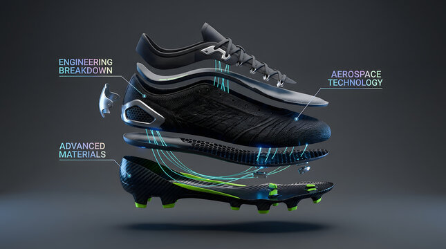 Exploded view concept art of black vans football boot breakdown suitable for advanced materials aerospace engineering design projects.