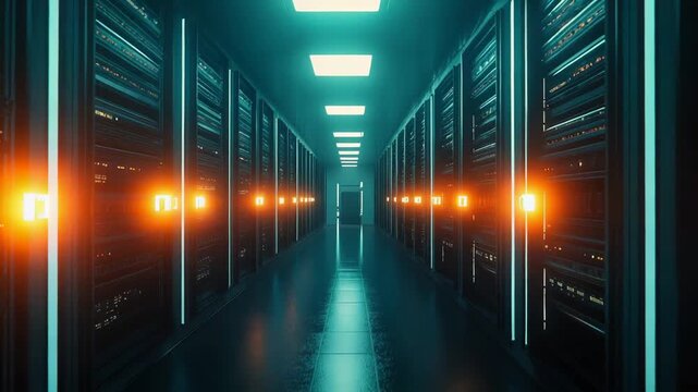 Server room interior with rows of illuminated network racks and computer hardware, symbolizing digital cloud computing, data hosting, and cybersecurity technology infrastructure
