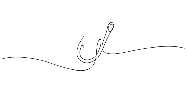 Fish hook continuous line drawing of a minimalist angling vector illustration. Minimalist single line art of a fish hook for modern branding design.