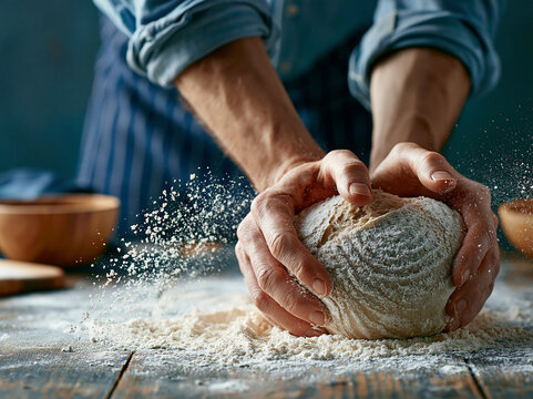 Baker kneads dough on a wooden table in a cozy kitchen during the daytime
