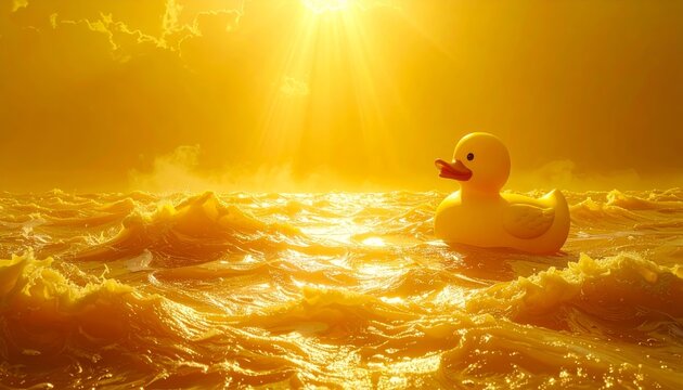 A Colossal Yellow Rubber Duck Navigates a Golden Ocean of Melted Butter Under Bright Sunlight