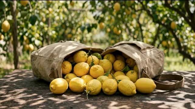 Fresh Yellow Lemons in Canvas Bag on Rustic Table in Lemon Grove