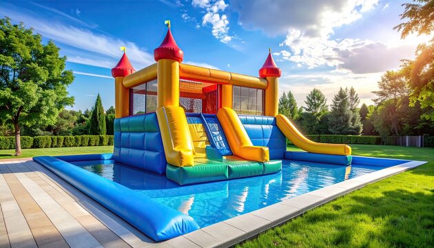Colorful inflatable bouncy castle with slides standing in backyard swimming pool on sunny day, summer fun, water park, outdoor recreation.