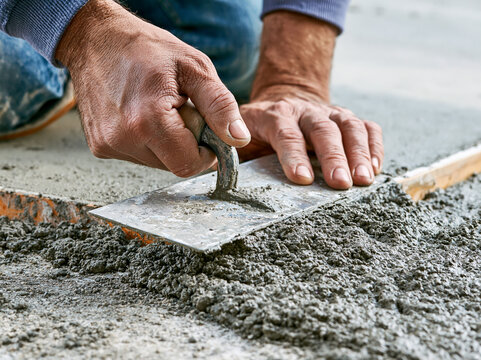 Worker applies cement with trowel on construction site in daylight during building process for new structure or floor