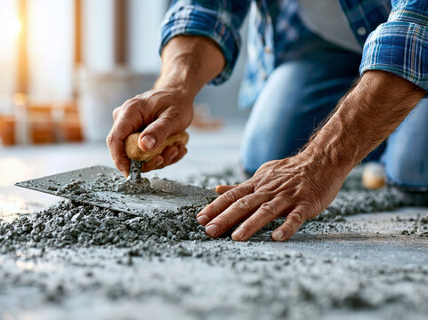 Worker applies concrete to floor surface in construction site during daytime hours