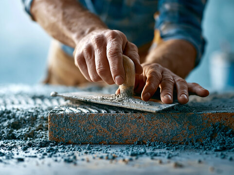 Man works with trowel on cement surface in construction area during the day with scattered materials around