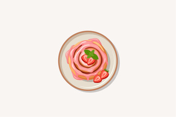 Delicious strawberry cinnamon roll with pink icing glaze garnished with fresh strawberry slices and mint leaf on a plate top view vector illustration © Akasha Design