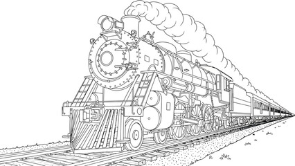 Vintage steam locomotive train engine moving on railroad tracks with smoke billowing from chimney in black and white line art for adult coloring book page. © hossain