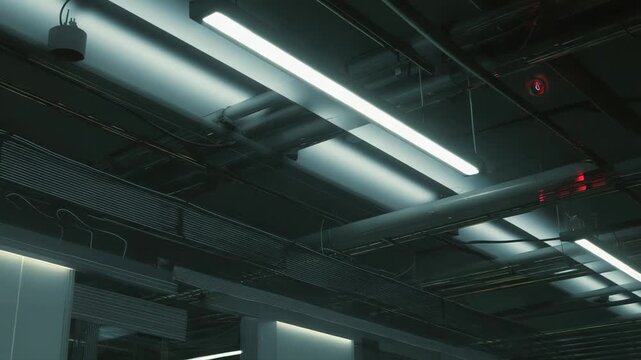 Industrial ceiling with exposed pipes, conduits, and neon fluorescent light fixtures creating a modern, dark, and minimalist urban technological atmosphere