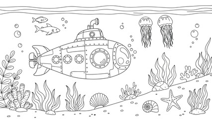 Underwater submarine coloring page features yellow vessel deep sea scene with jellyfish sharks coral reef starfish and small bubbles for kids activity book. © hossain