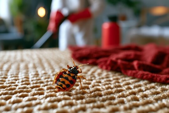 Close-Up of a Bed Bug on Fabric Surface with Pest Control Work in Background