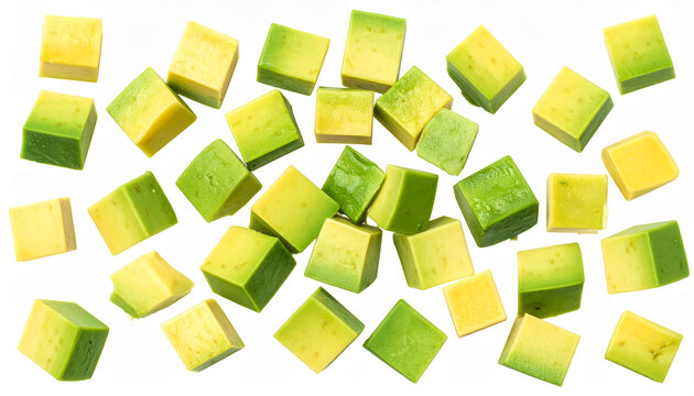 Fresh avocado cubes on white background overhead view food photography