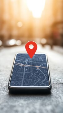 Mobile phone displaying a map with a red location pin in a blurred city background, representing navigation, location services, and gps technology