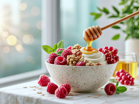 Healthy breakfast bowl with yogurt, fresh berries, and honey on a marble table in a bright kitchen during morning hours
