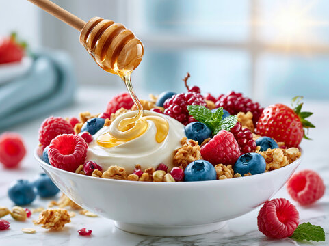 Fresh yogurt bowl topped with honey and various berries on a kitchen table, capturing morning light