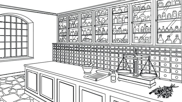 Vintage pharmacy interior coloring page displays old laboratory with medicine bottles scale wooden drawers and window for historical science illustration.