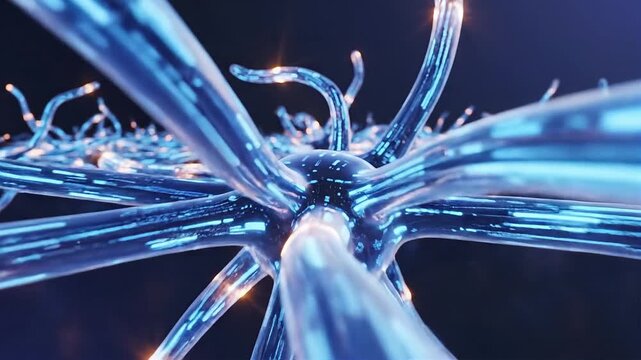 Abstract glowing blue fiber optic cables with light particles on dark background