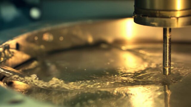Industrial machine performing a precise manufacturing operation with a liquid substance creating ripples and reflections, highlighting accuracy and control in production technology
