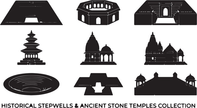 Collection of historical stepwells and ancient stone temples silhouettes vector illustration set.