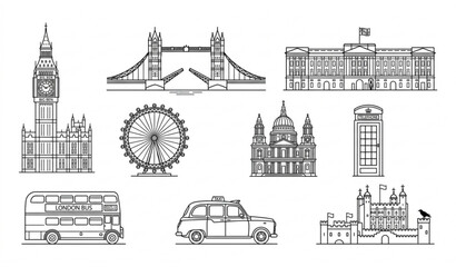 London Landmark Line Art Vector Set with Big Ben Tower Bridge and Travel Icons © MDMunna