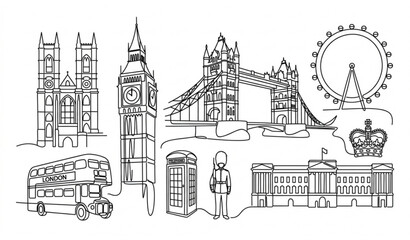 Obraz premium Minimal London Travel Landmark Continuous Line Art Illustration Collection