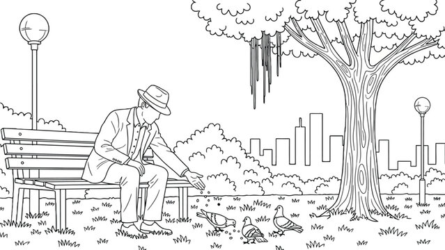 Man in a fedora sitting on park bench feeding pigeons, city skyline in background, park scene, detailed line art illustration.