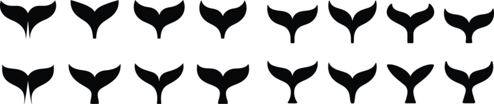 Whale tail icon collection set silhouette whale fluke symbol element vector aquatic animal part flat simple shape design sea life whale tail.