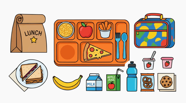 Illustration of various school lunch items with water bottle, paper bag