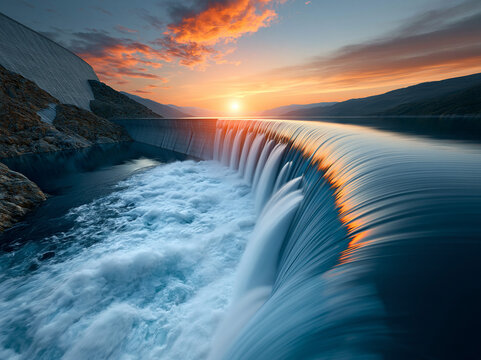 Water flows over the dam as the sun sets behind the mountains creating bright colors in the sky