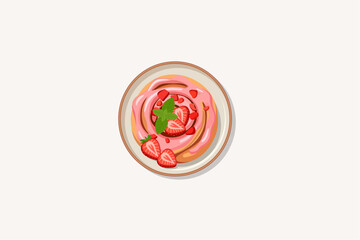Delicious strawberry cinnamon roll with pink icing glaze garnished with fresh strawberry slices and mint leaf on a plate top view vector illustration © Akasha Design