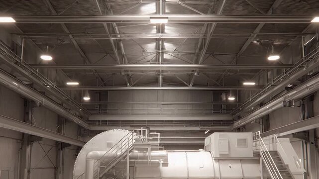 Large industrial machinery and infrastructure are occupying a power plant interior, providing a clean vision of manufacturing and engineering advancements in a modern electrical generation facility