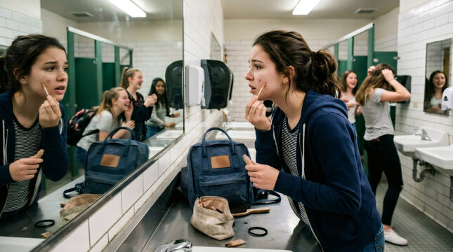 Teenage girl applying concealer to cover acne in school restroom. Student preparing for class in front of mirror. Youth skincare and beauty problem, social interaction and self confidence.