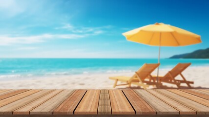 Fototapeta premium Empty wooden table product display photo background with blurred tropical beach and umbrella