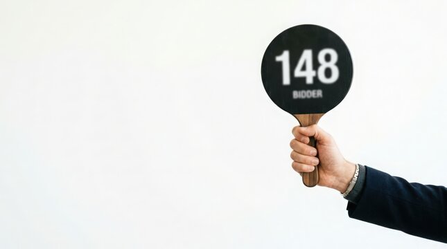 Bidder number 148 holding up paddle during auction event, sign showing identification number for auction participants indicates competitive bidding atmosphere.